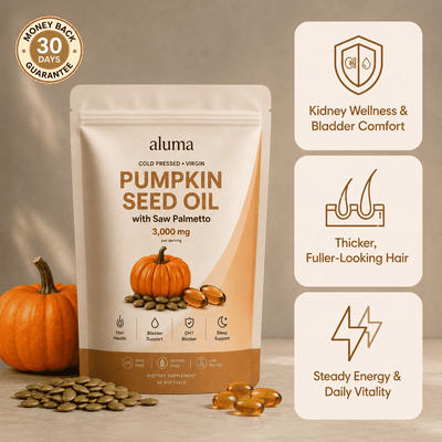 Aluma Pumpkin Seed Oil dietary supplement pouch shown on a beige studio background with pumpkins, loose seeds, and three benefit callout panels. The package is cream and tan with orange accents and reads 'Pumpkin Seed Oil with Saw Palmetto 3,000 mg'.