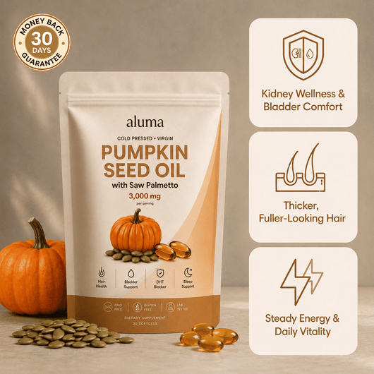 Aluma Pumpkin Seed Oil dietary supplement pouch shown on a beige studio background with pumpkins, loose seeds, and three benefit callout panels. The package is cream and tan with orange accents and reads 'Pumpkin Seed Oil with Saw Palmetto 3,000 mg'.