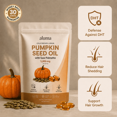 Aluma Pumpkin Seed Oil dietary supplement pouch shown on a beige background with decorative pumpkins, loose seeds, and three benefit callout panels. The package reads 'Pumpkin Seed Oil with Saw Palmetto 3,000 mg' and includes icons for DHT defense, reduced hair shedding, and hair growth support.
