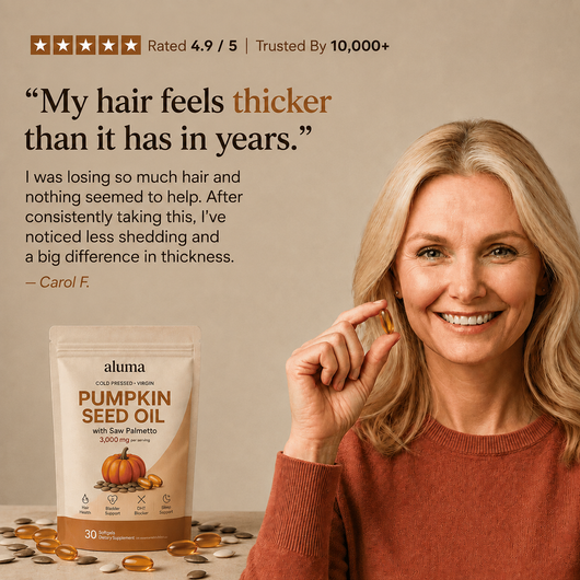 Aluma Pumpkin Seed Oil supplement package shown next to a smiling woman holding a golden capsule, with a testimonial quote and rating banner on a warm beige background.