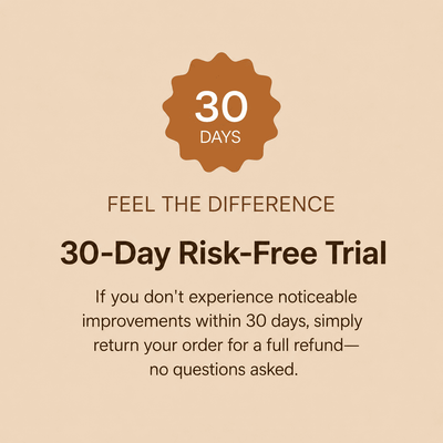 A promotional graphic on a warm beige background with a brown badge reading '30 DAYS' and text that says 'FEEL THE DIFFERENCE' and '30-Day Risk-Free Trial,' followed by a refund statement.
