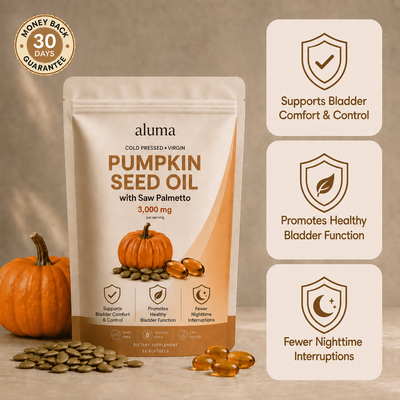 Aluma Pumpkin Seed Oil dietary supplement pouch shown on a warm beige background with pumpkins, loose seeds, and three benefit callout panels. The package is cream and orange with a pumpkin illustration and text reading 'Pumpkin Seed Oil with Saw Palmetto 3,000 mg'.