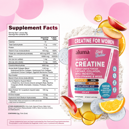 Aluma Women's Creatine supplement bottle with a large Supplement Facts label, surrounded by sliced oranges and a peach slice on a white background.