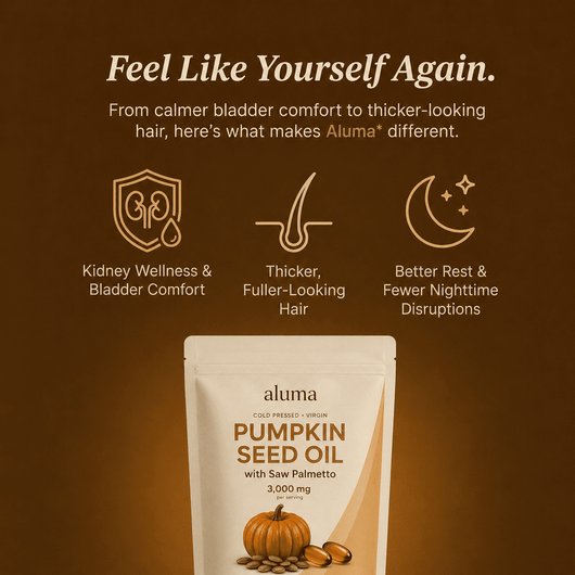 Aluma Pumpkin Seed Oil pouch on a dark brown background with marketing text and icons about kidney wellness, thicker hair, and better rest.