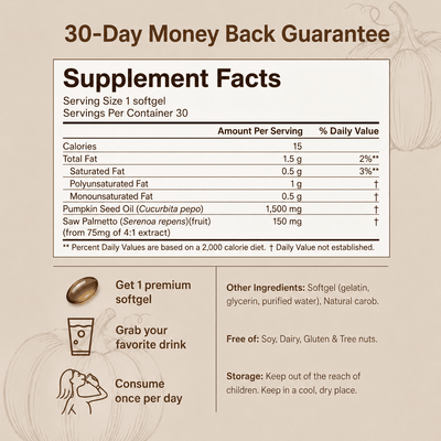 Aluma supplement facts label and marketing graphic for a softgel product. The top reads '30-Day Money Back Guarantee' on a warm beige background with faint botanical line drawings.