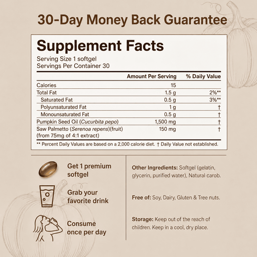 Aluma supplement facts label and marketing graphic for a softgel product. The top reads '30-Day Money Back Guarantee' on a warm beige background with faint botanical line drawings.