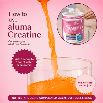 Promotional graphic for aluma creatine showing an orange liquid being poured into a glass, with text instructions on how to use it and a circular inset showing a hand holding the aluma creatine tub