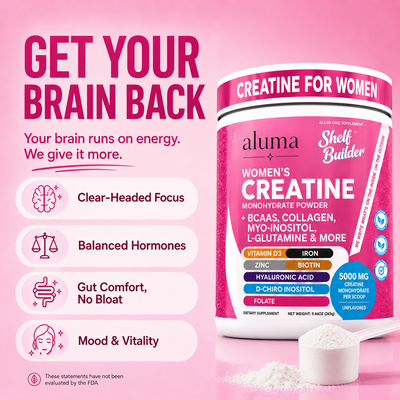 Aluma Shelf Builder Aluma creatine for females & women dietary supplement powder in a pink tub with a scoop of white powder on a pink background, featuring marketing text and benefit icons.