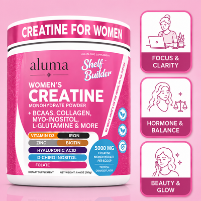 Aluma Shelf Builder Women's Creatine Monohydrate Powder in a pink tub, shown alongside three benefit panels for women's focus, clarity, hormone balance, and beauty glow on a pink background.