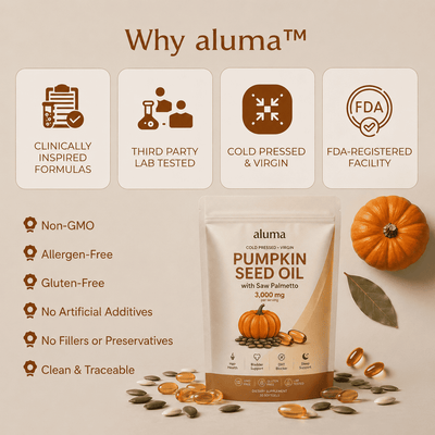 Aluma Pumpkin Seed Oil packaging shown on a warm beige promotional background with feature callouts, a small pumpkin, scattered seeds, and capsules. The package is a stand-up pouch labeled 'aluma' and 'Pumpkin Seed Oil with Saffron Palmietto 3,000 mg.